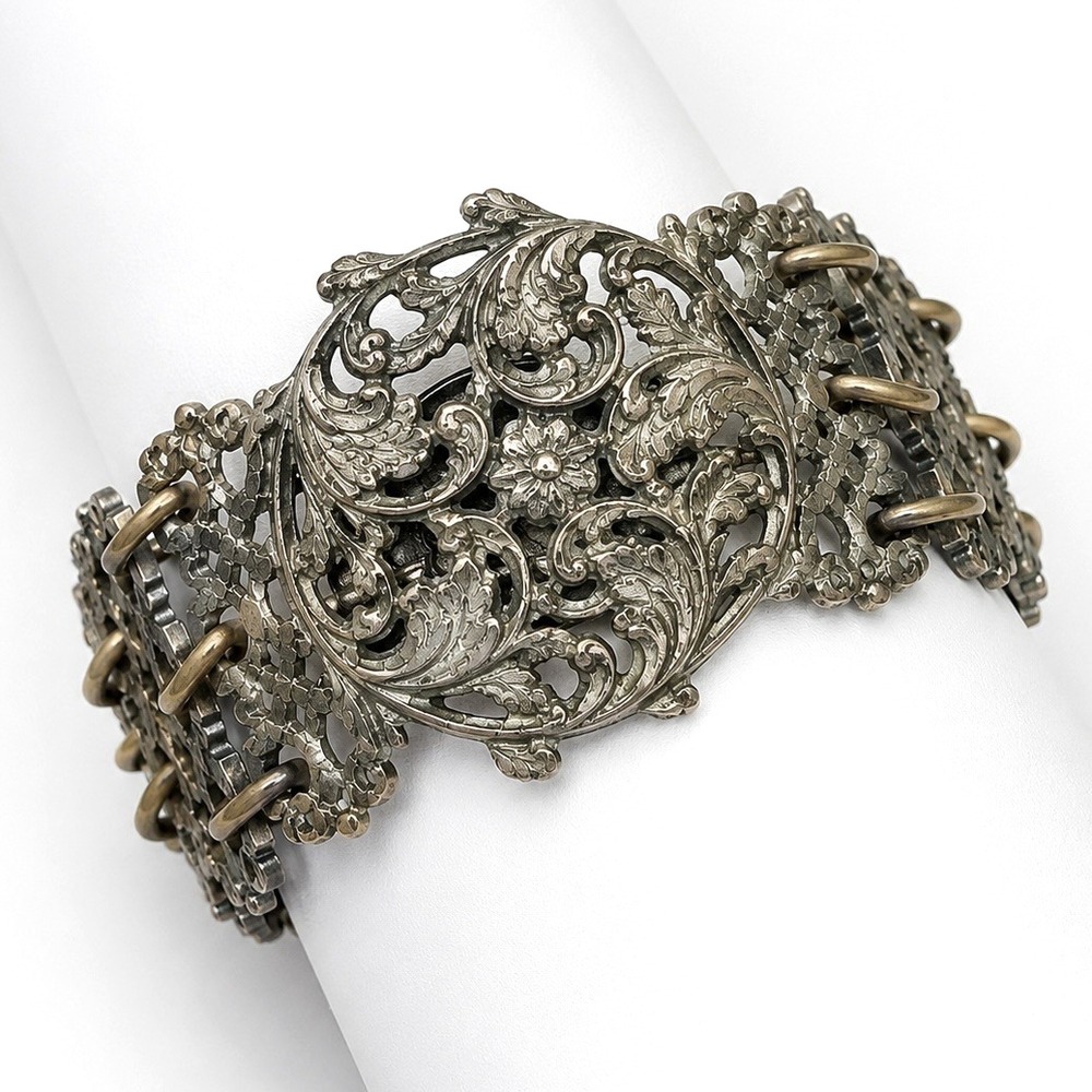 Antique Art Nouveau Filigree Bracelet Floral Scroll Wide Mixed Metal Ornate 7.5"